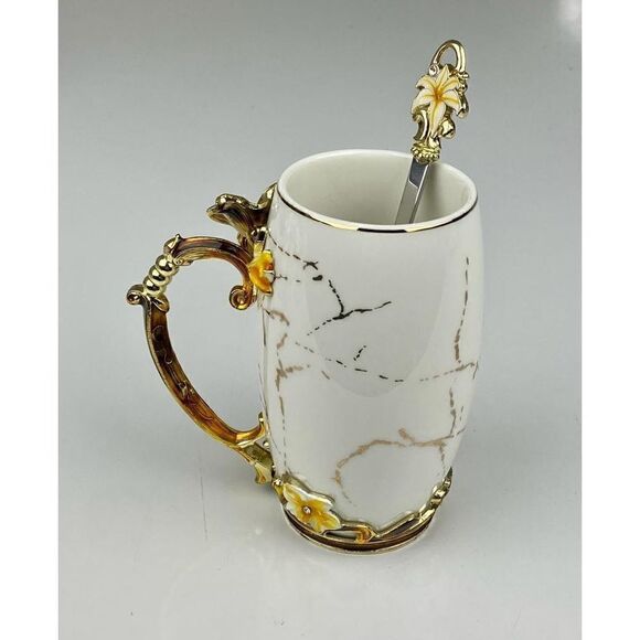 BTaT Brew To A Tea Fancy Ceramic Coffee Tea Mug w/ Spoon Floral White Yellow Gol - Picture 3 of 8